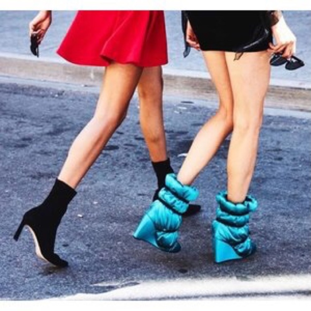 Stuart Weitzman Blue Duvet Wedge Satin SILK Bootie - Picture 3 of 9
